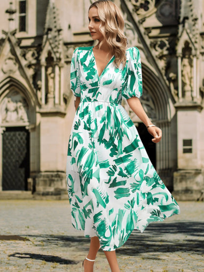 Anette | Luftiges Sommerkleid für Damen aus 100% Bio-Baumwolle, kurze Ärmel, Maxilänge, atmungsaktiv und umweltfreundlich | Grun