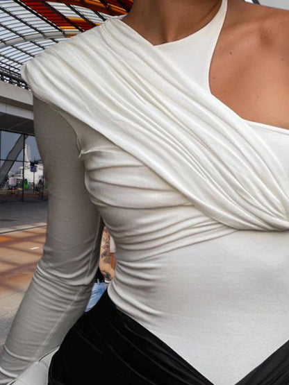 Anna | Eleganter Damen Bodysuit mit Raffiniertem Drapé-Design und Langarmen aus Elastischem Stoff| WeiB 2
