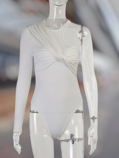 Anna | Eleganter Damen Bodysuit mit Raffiniertem Drapé-Design und Langarmen aus Elastischem Stoff| WeiB 4