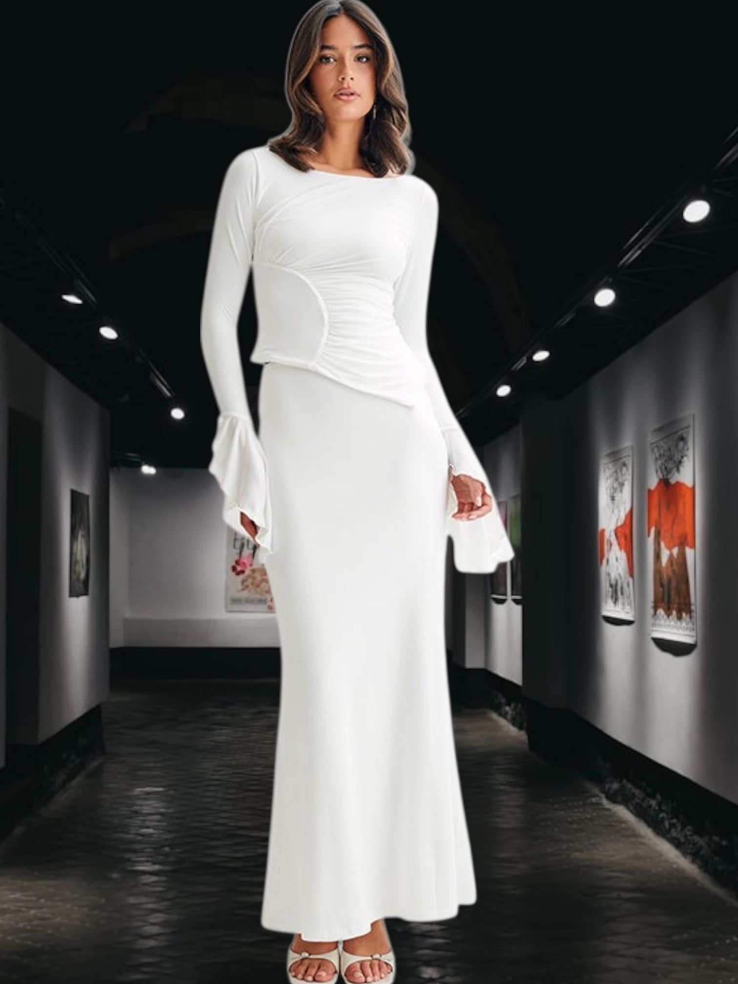 Anna | Elegantes Maxikleid Langarm mit Drapierung für festliche Anlässe | WeiB