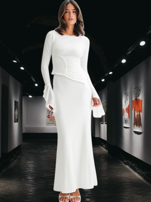 Anna | Elegantes Maxikleid Langarm mit Drapierung für festliche Anlässe | WeiB