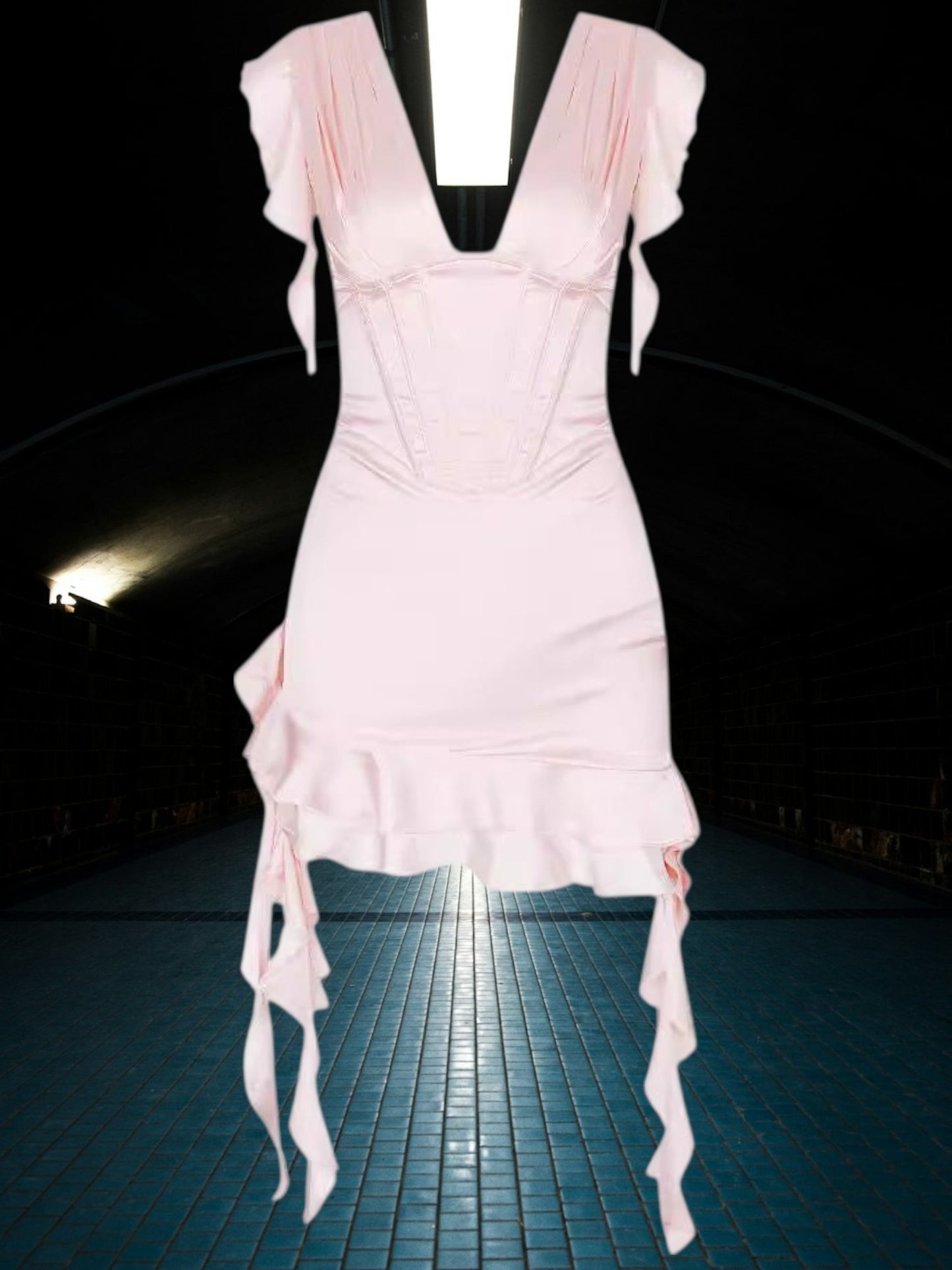 Anna | Elegantes asymmetrisches Rüschenkleid für Damen mit figurbetontem Oberteil und V-Ausschnitt | Rosa 3