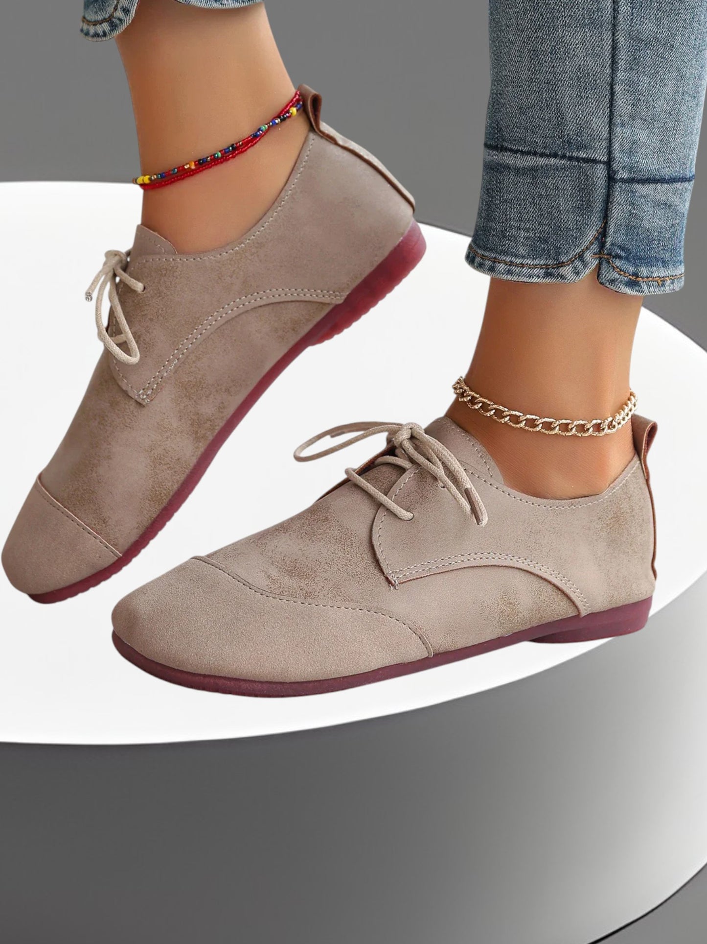 Anna | Flache Damen Slipper aus hochwertiger Mikrofaser mit Schnürsenkel und rutschfester Sohle | Beige 2