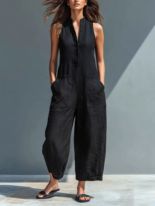 Annika | Damen Ärmellose Linen Button-Up Jumpsuit mit Stehkragen 0