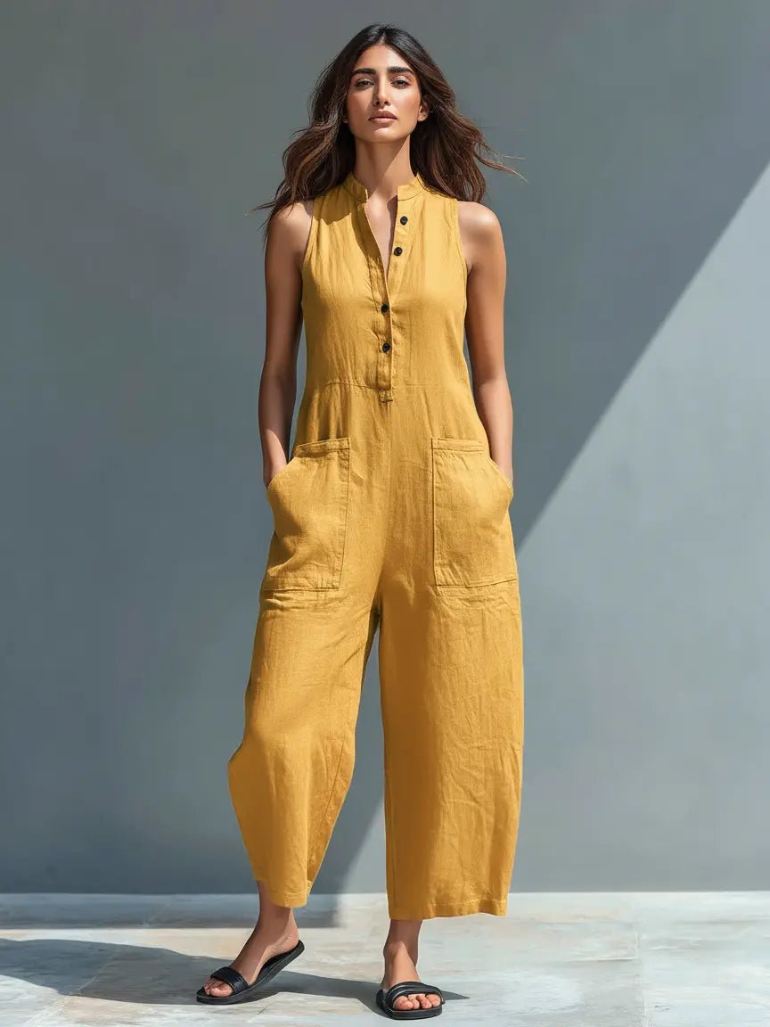 Annika | Damen Ärmellose Linen Button-Up Jumpsuit mit Stehkragen 2