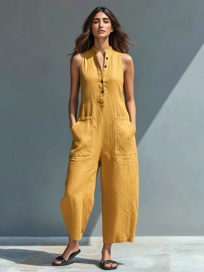 Annika | Damen Ärmellose Linen Button-Up Jumpsuit mit Stehkragen 2