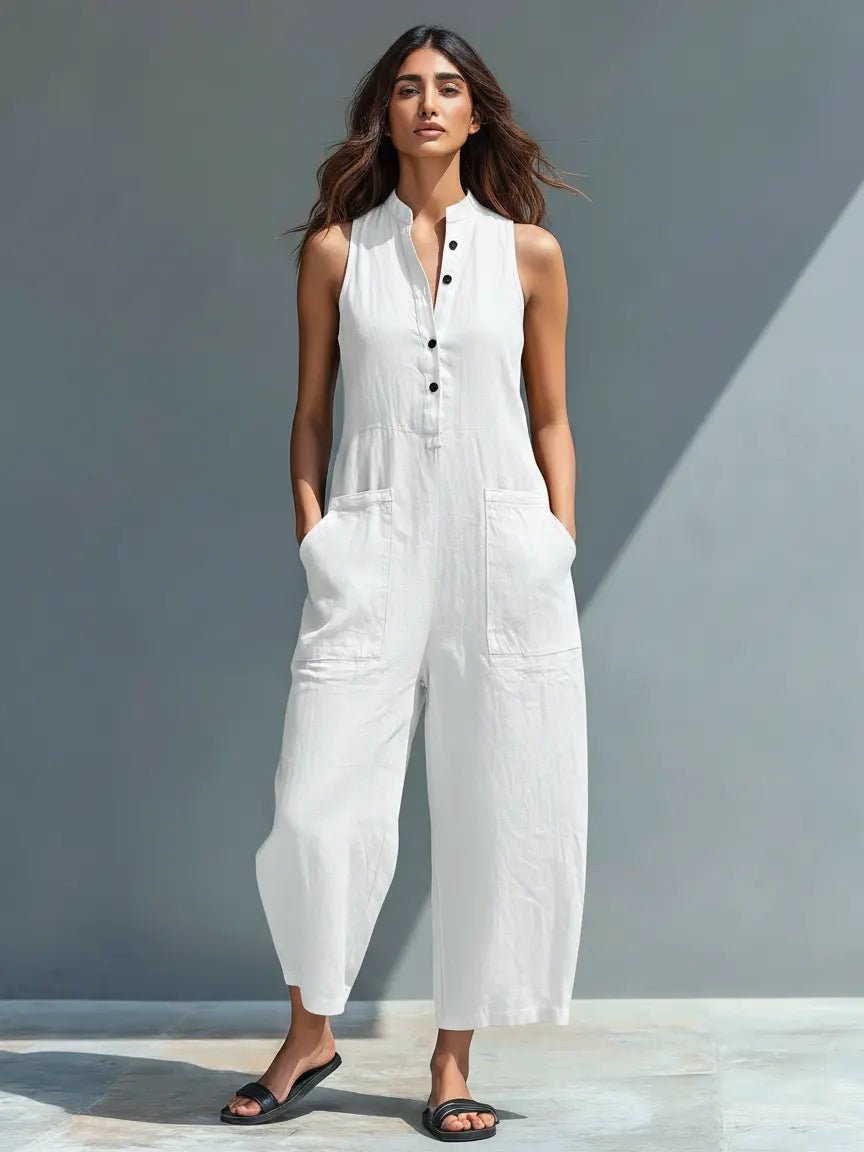 Annika | Damen Ärmellose Linen Button-Up Jumpsuit mit Stehkragen 3