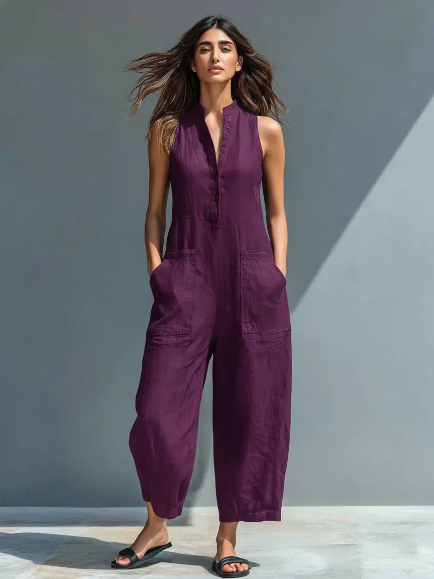 Annika | Damen Ärmellose Linen Button-Up Jumpsuit mit Stehkragen 4
