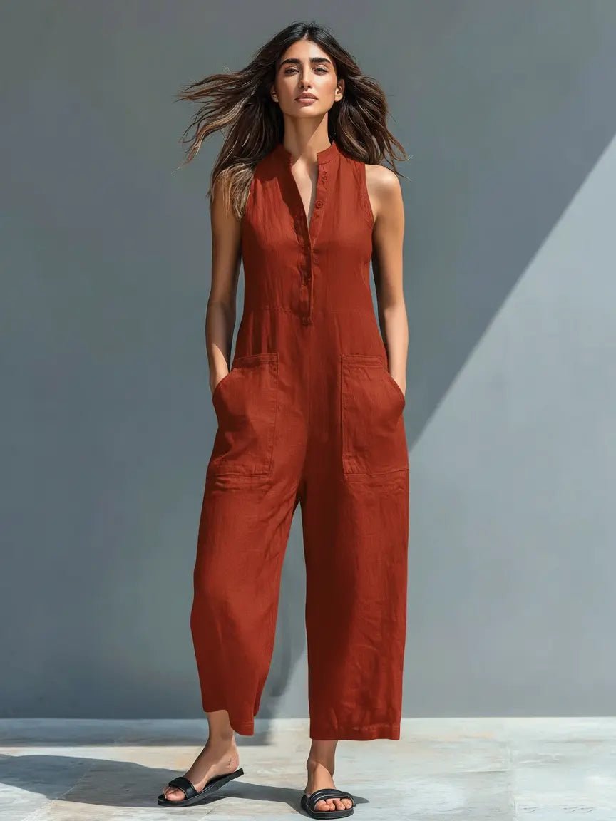 Annika | Damen Ärmellose Linen Button-Up Jumpsuit mit Stehkragen 5
