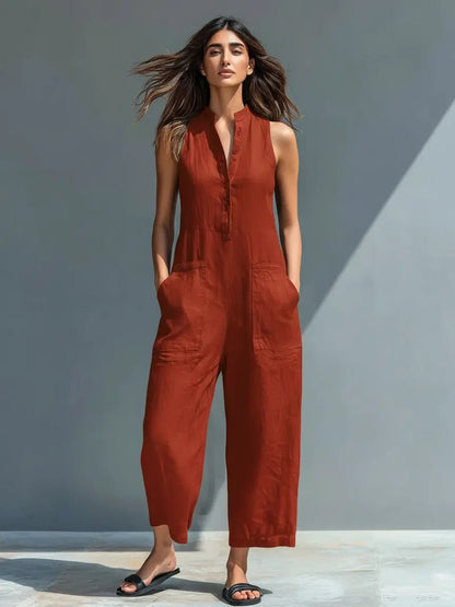 Annika | Damen Ärmellose Linen Button-Up Jumpsuit mit Stehkragen 5