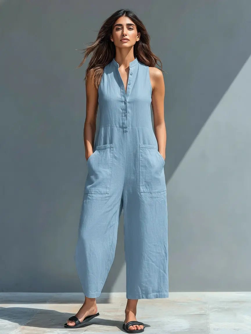 Annika | Damen Ärmellose Linen Button-Up Jumpsuit mit Stehkragen 6