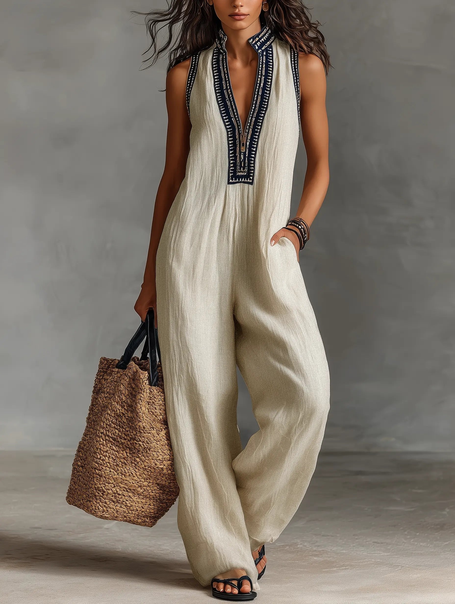 Annika | Damen Bestickter Ärmellose Linen Jumpsuit mit Stehkragen 0