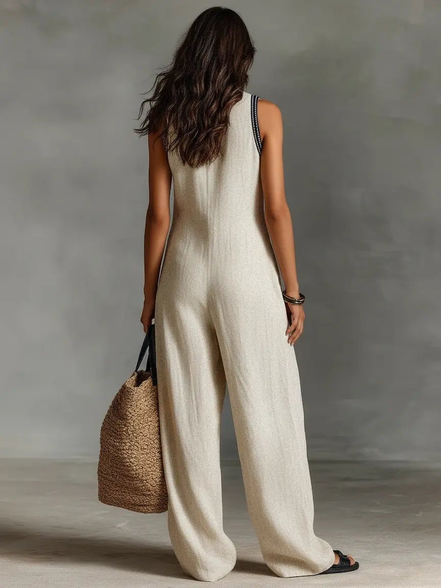 Annika | Damen Bestickter Ärmellose Linen Jumpsuit mit Stehkragen 2