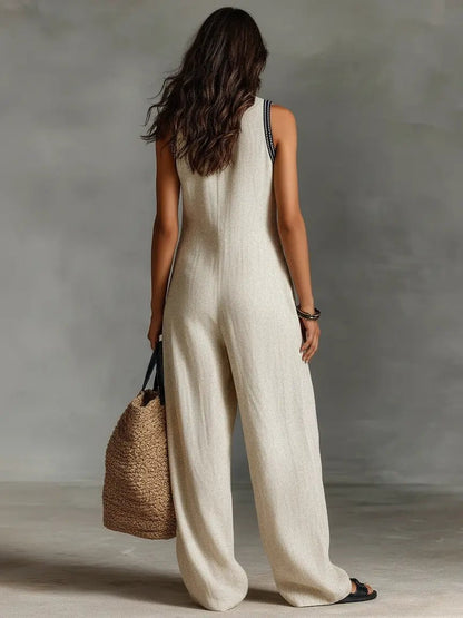 Annika | Damen Bestickter Ärmellose Linen Jumpsuit mit Stehkragen 2