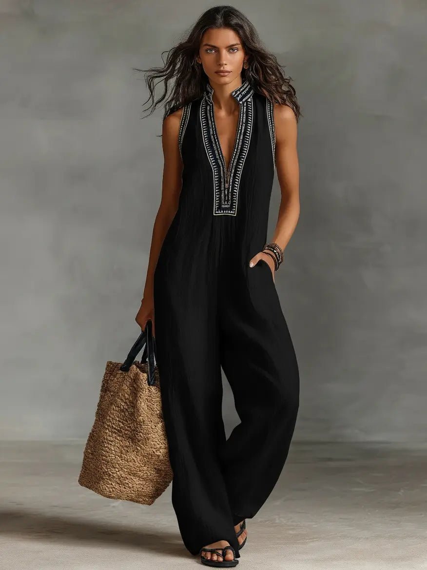 Annika | Damen Bestickter Ärmellose Linen Jumpsuit mit Stehkragen 3