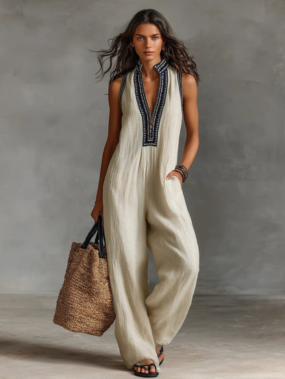Annika | Damen Bestickter Ärmellose Linen Jumpsuit mit Stehkragen 7