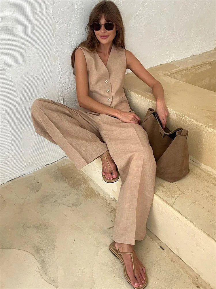 Zweiteiler Damen Sommer | Westen-Set mit Weiter Plissee-Hose