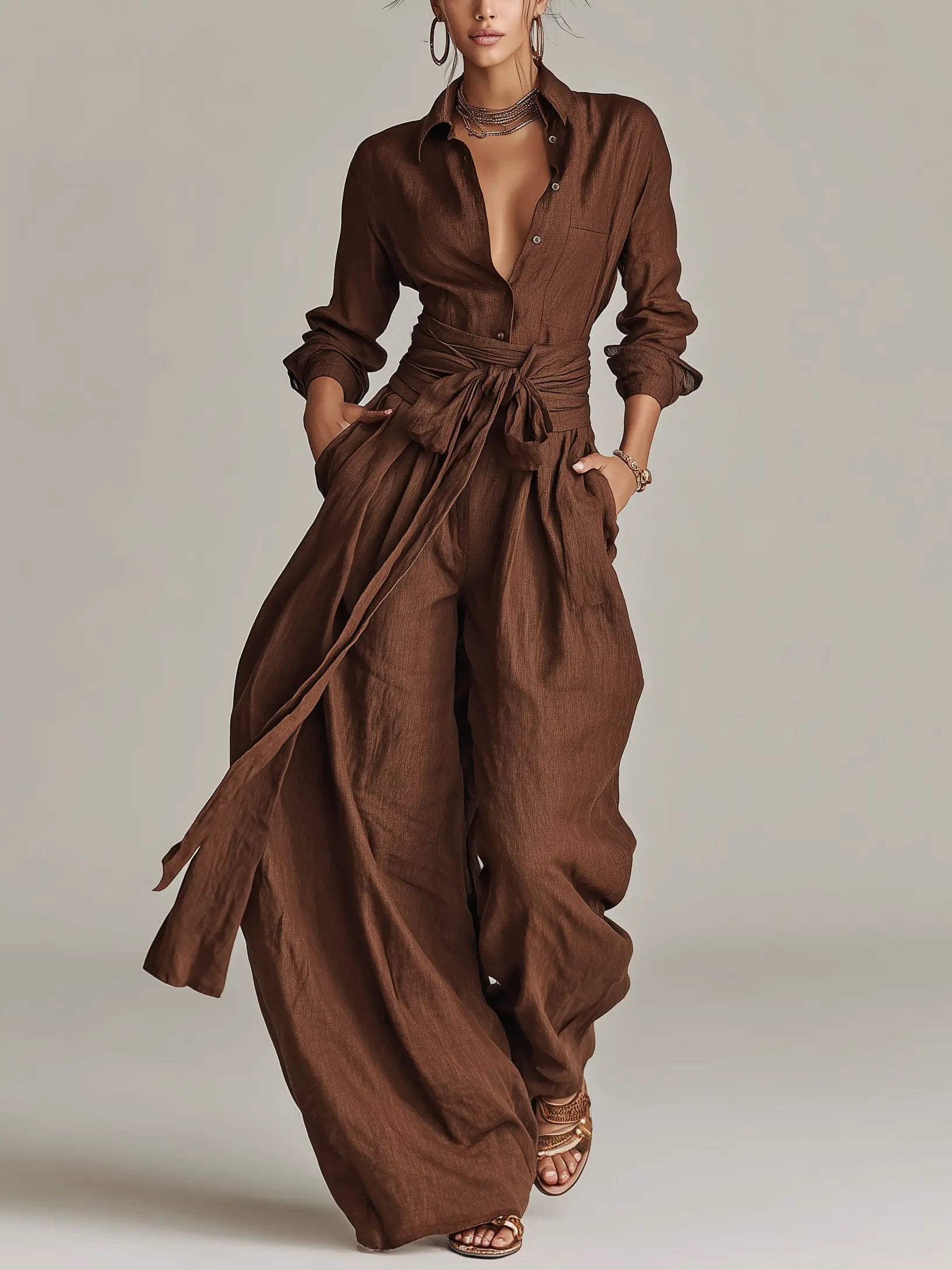 Jumpsuit Damen | Langarm Hemdkragen & Weite Hose