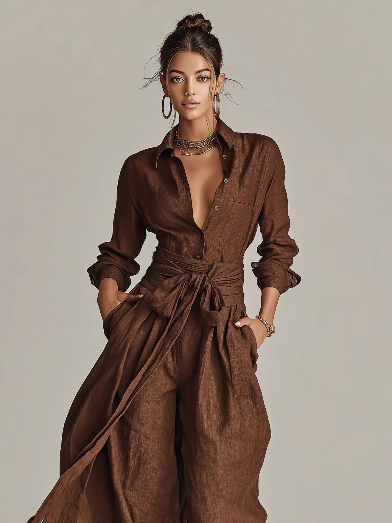 Jumpsuit Damen | Langarm Hemdkragen & Weite Hose