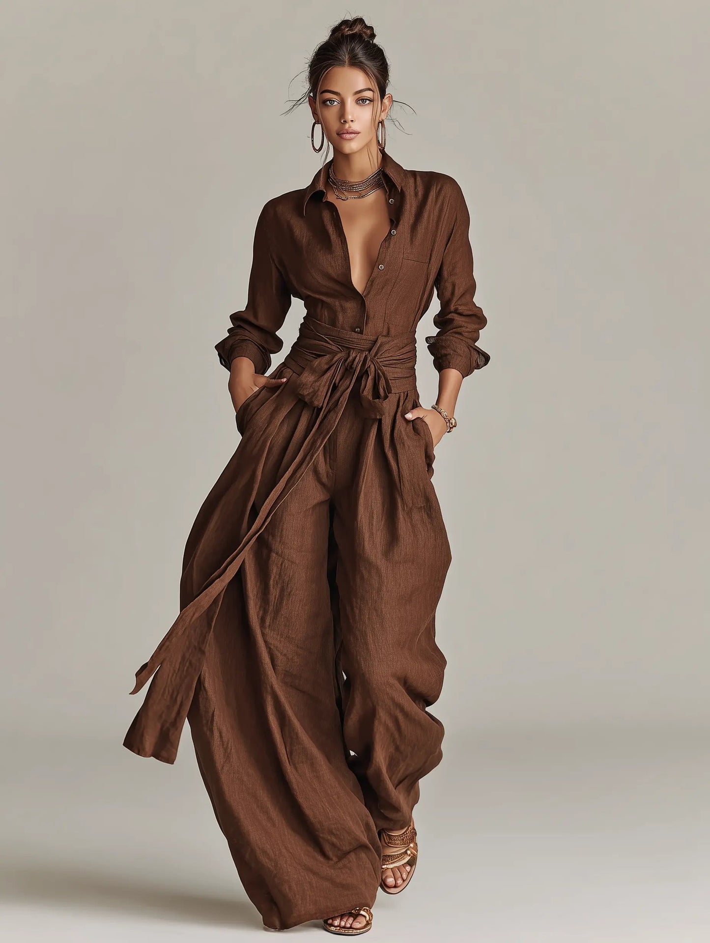 Jumpsuit Damen | Langarm Hemdkragen & Weite Hose