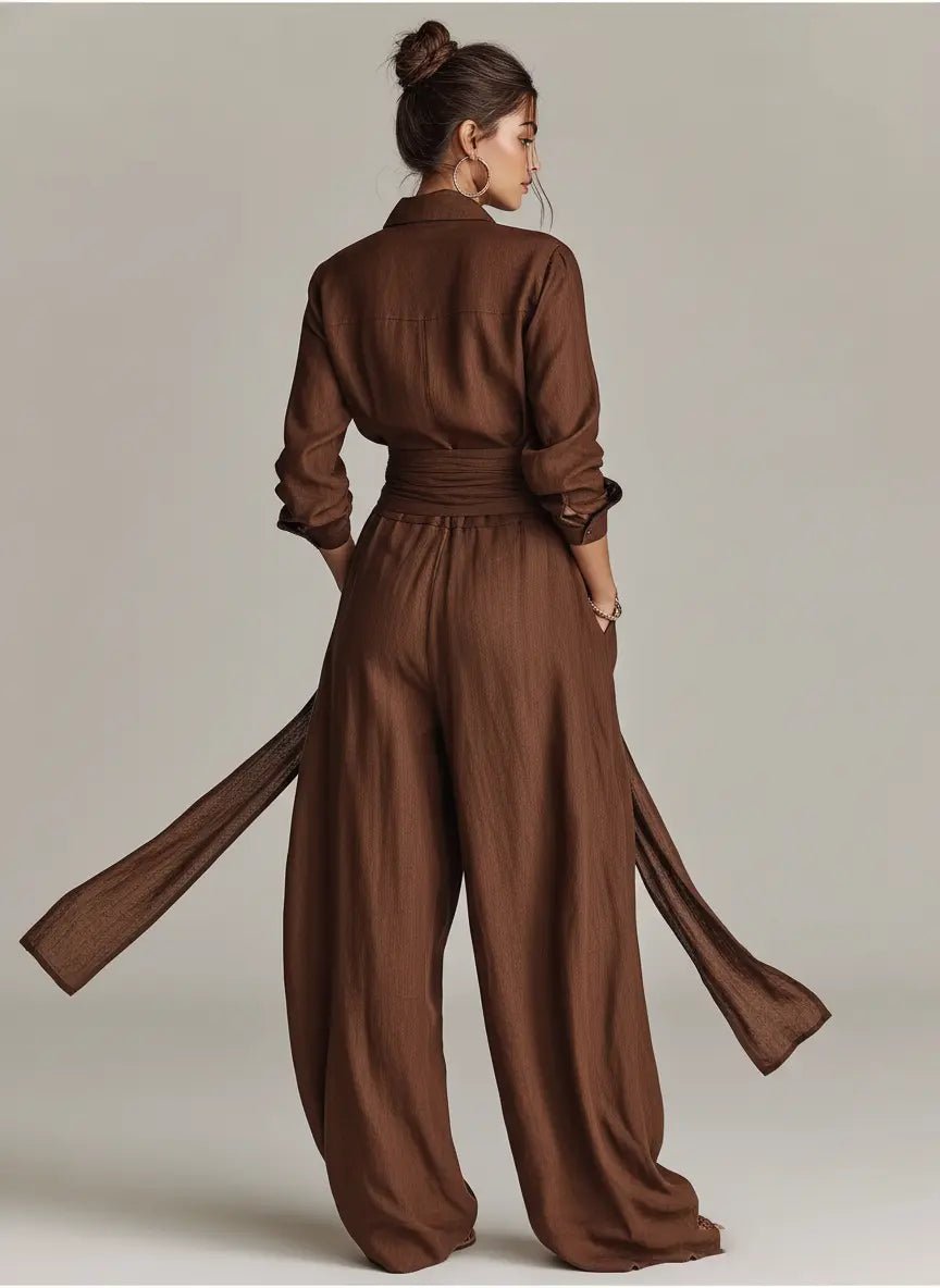 Jumpsuit Damen | Langarm Hemdkragen & Weite Hose