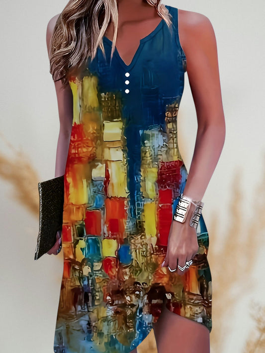 Ärmelloses Bohemian Mini-Kleid mit V-Ausschnitt und Button-Front-Stil 0