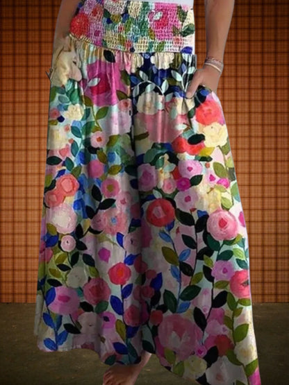Aslaug | Bequeme Culotte Hose Damen aus leichtem Material für den Sommer mit elastischem Bund und Taschen | Blumenmuster