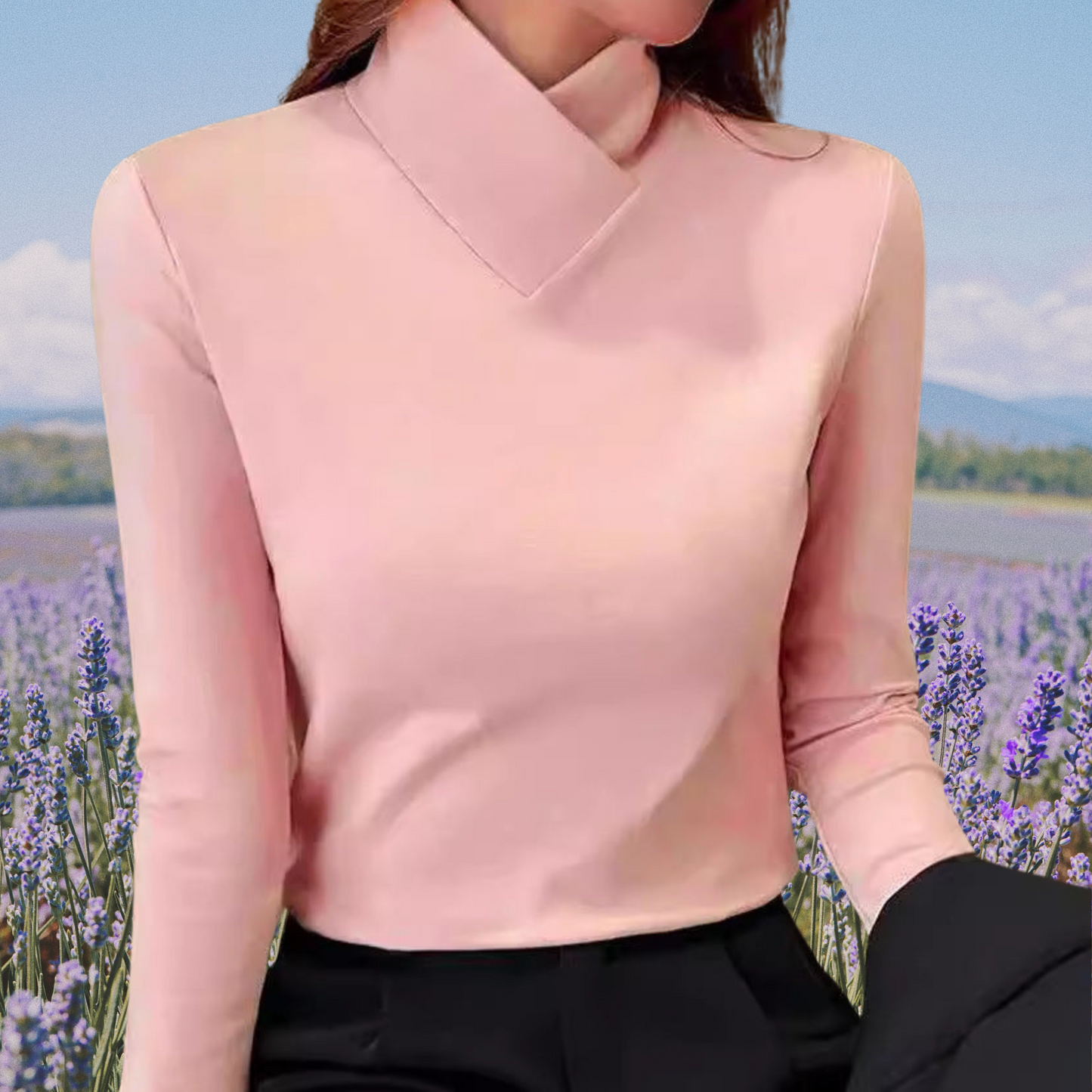 Atmungsaktiver Baumwollpullover mit Rollkragen und langen Ärmeln | Rosa