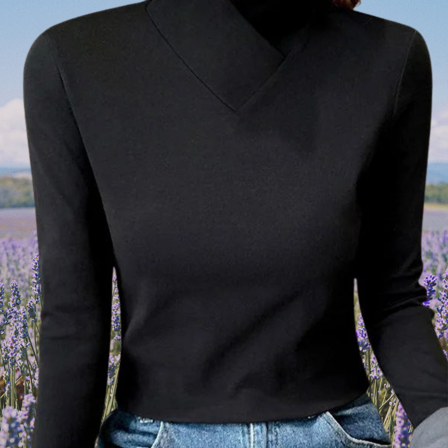 Atmungsaktiver Baumwollpullover mit Rollkragen und langen Ärmeln | Schwarz