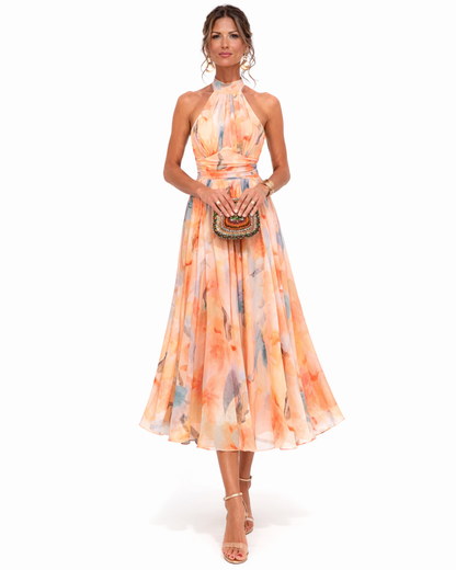 Aurora - Aquarell Druck Halter Neck Kleid 0