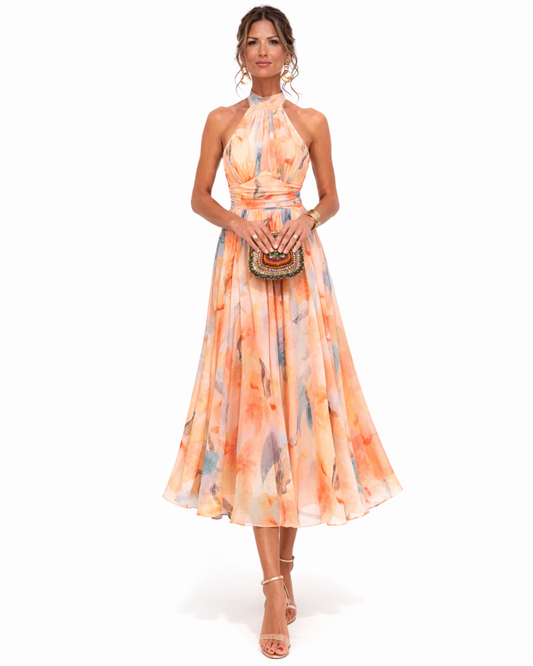 Aurora - Aquarell Druck Halter Neck Kleid 0