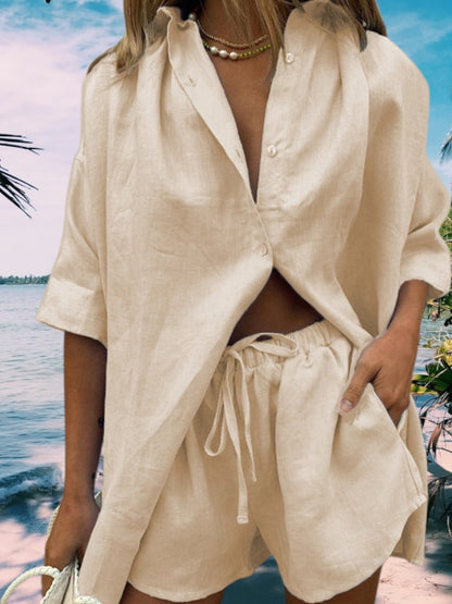 Ava | Eleganter Damen Zweiteiler aus atmungsaktivem Leinen für den Sommer | Creme