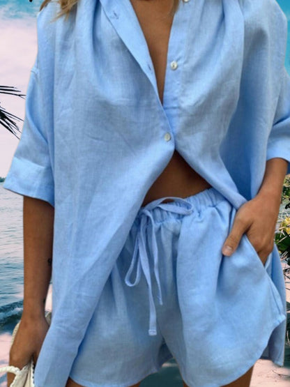 Ava | Eleganter Damen Zweiteiler aus atmungsaktivem Leinen für den Sommer | Pastellblau