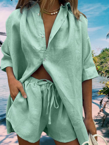 Ava | Eleganter Damen Zweiteiler aus atmungsaktivem Leinen für den Sommer | Sommergrün