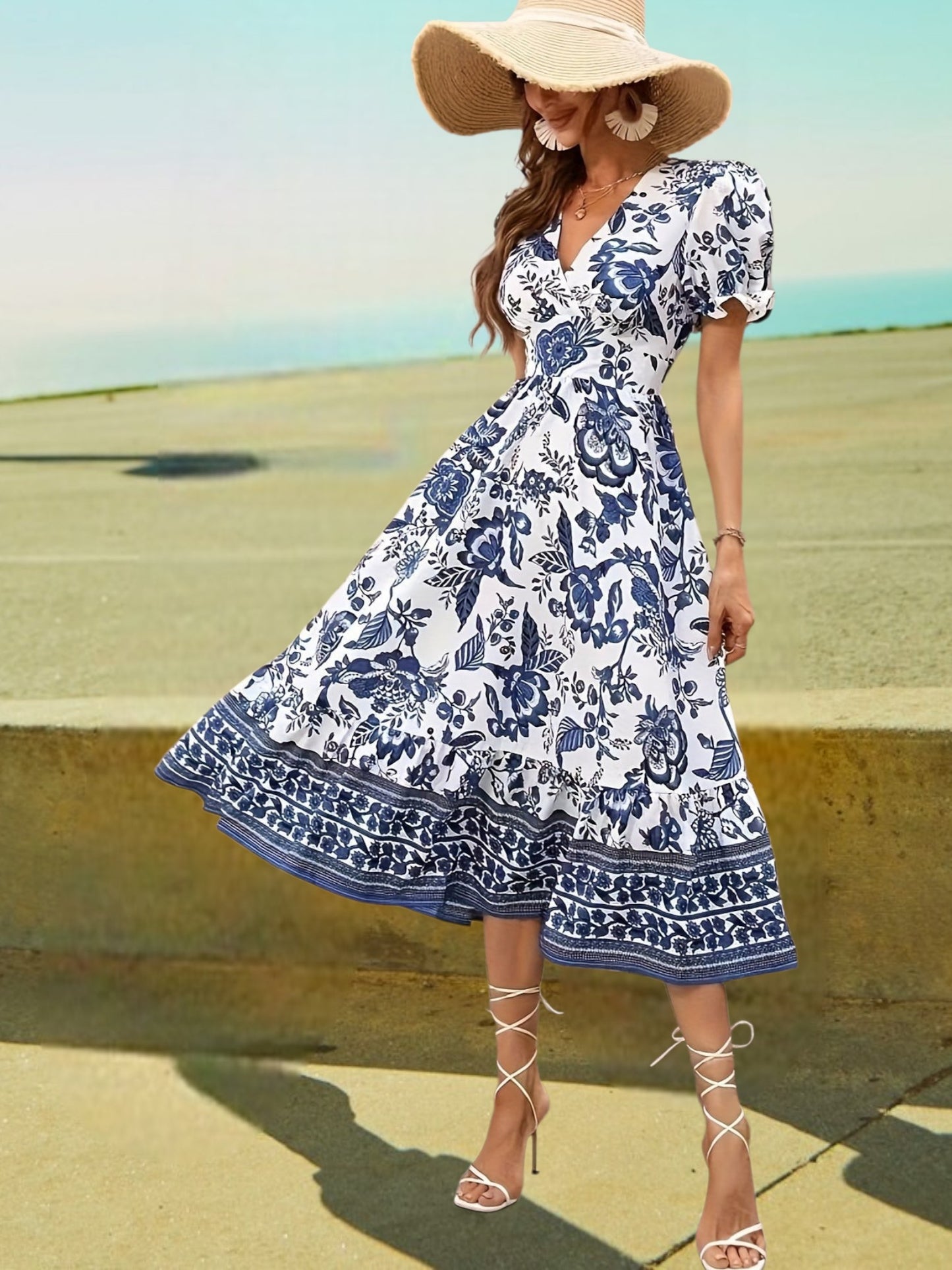 Avalee | Elegantes festliches Damenkleid mit Blumenmuster, Überschussausschnitt und Laternenhülsen | Multicolor