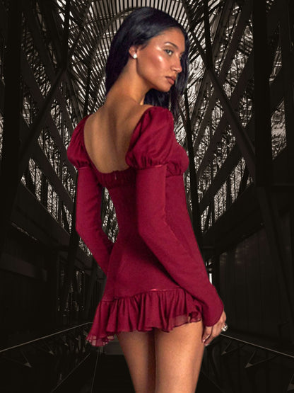 Ayla | Elegantes Damen Mini-Kleid aus elastischem Stoff mit Puffärmeln und Rüschendetails für festliche Anlässe | Rotwein 2