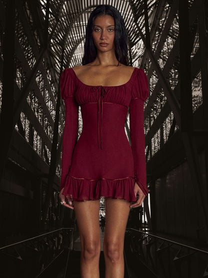 Ayla | Elegantes Damen Mini-Kleid aus elastischem Stoff mit Puffärmeln und Rüschendetails für festliche Anlässe | Rotwein 3
