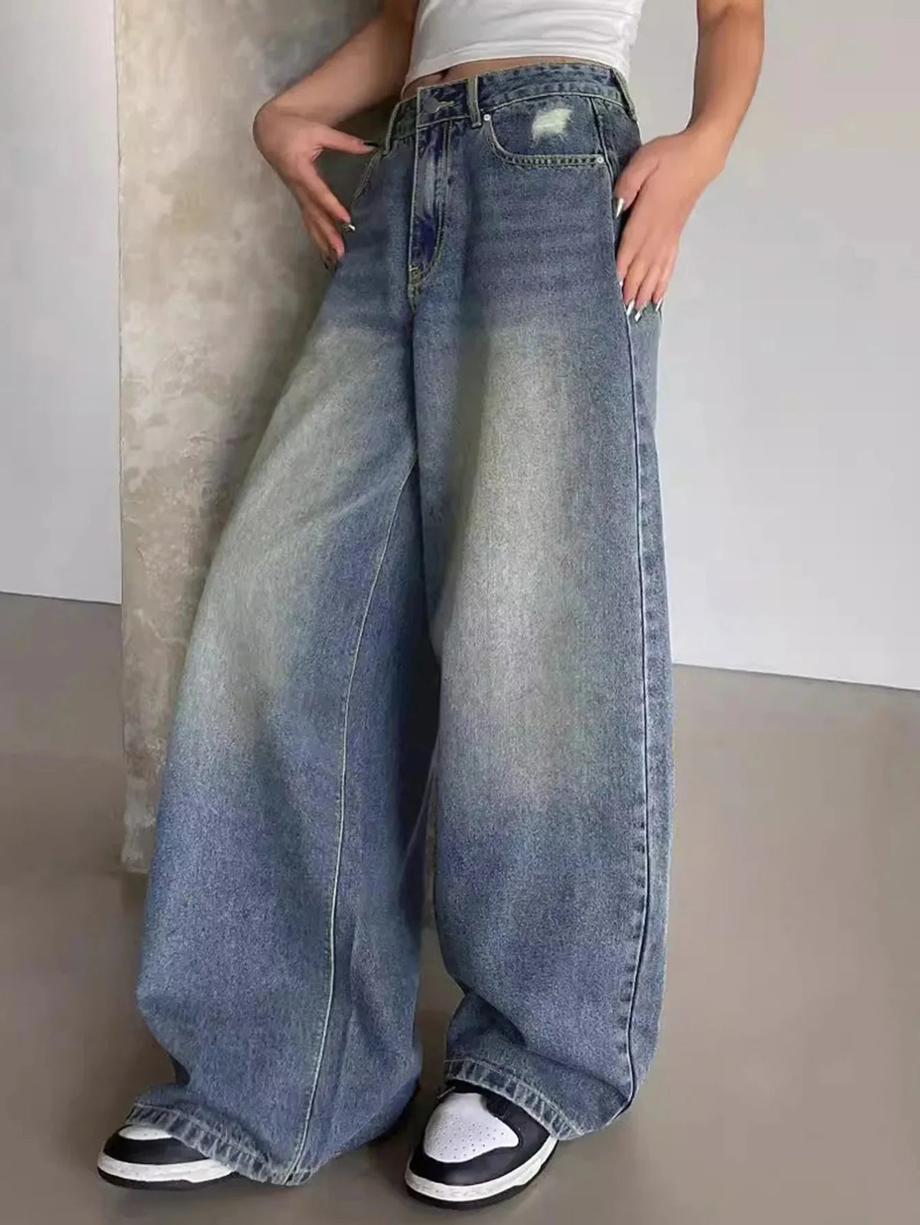 Baggy Jeans Damen, Mittlere Taille, Weite Beine | Lässiger Stil 2