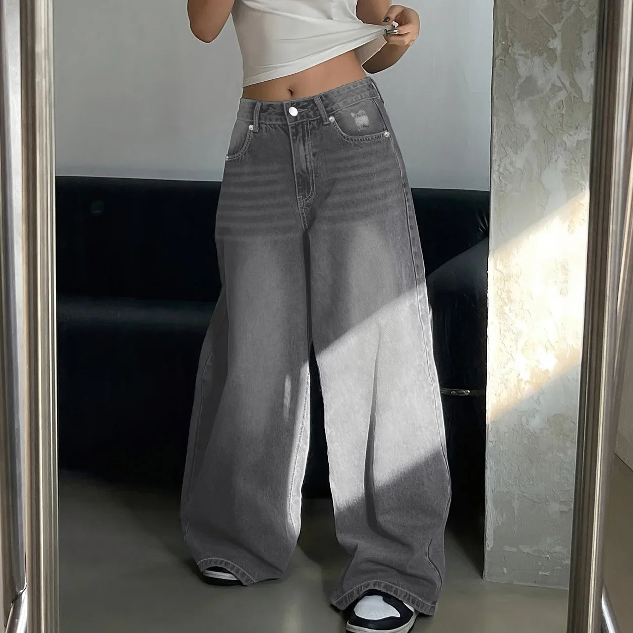 Baggy Jeans Damen, Mittlere Taille, Weite Beine | Lässiger Stil 4