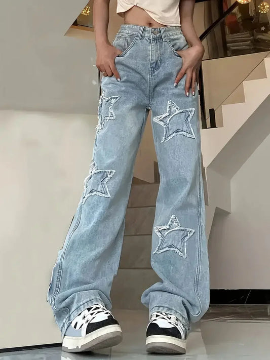 Baggy Jeans Damen | Hohe Taille, Weite Beine, Sternenmuster | Trendy 0