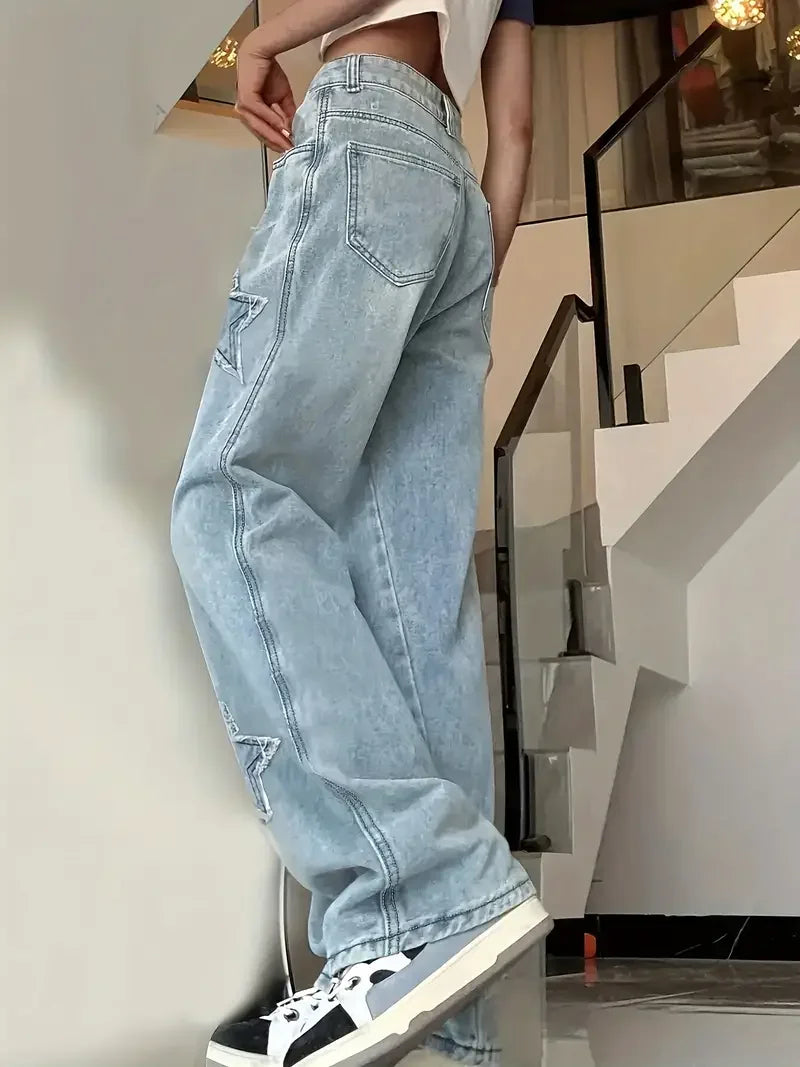 Baggy Jeans Damen | Hohe Taille, Weite Beine, Sternenmuster | Trendy 1