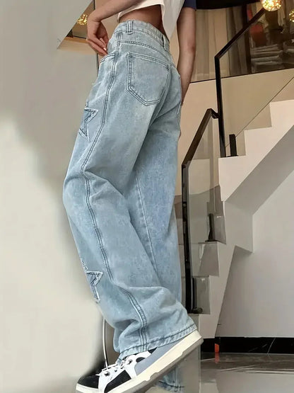 Baggy Jeans Damen | Hohe Taille, Weite Beine, Sternenmuster | Trendy 1