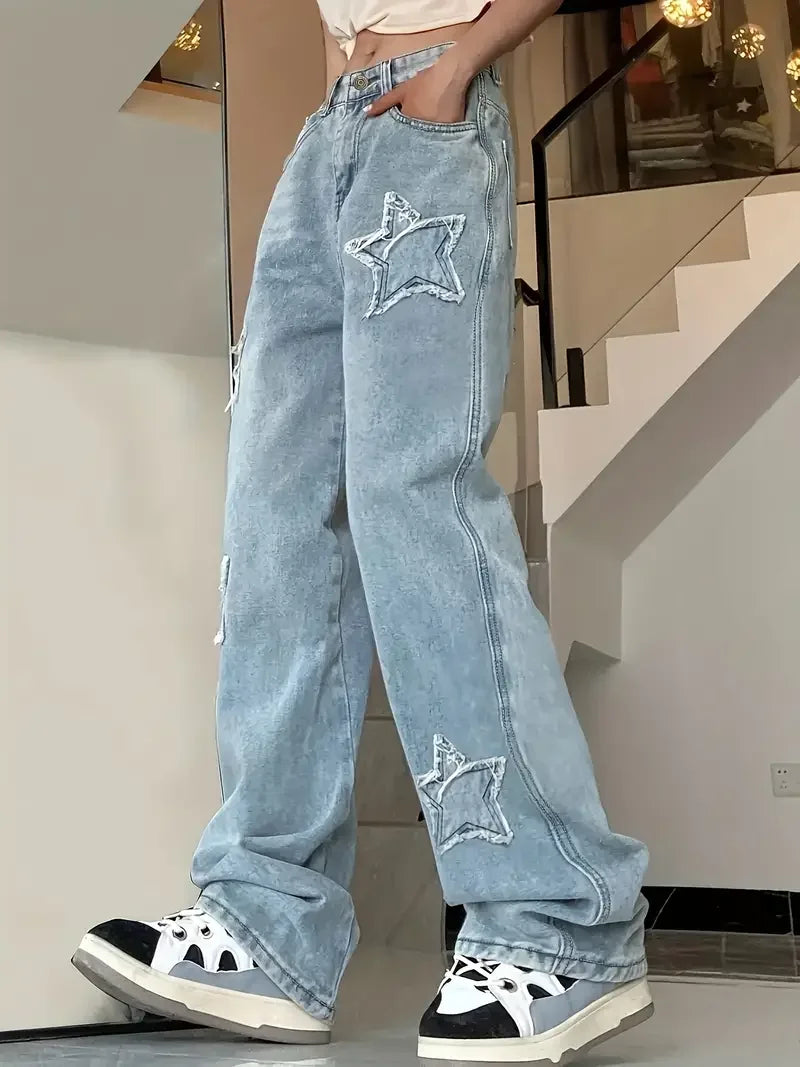 Baggy Jeans Damen | Hohe Taille, Weite Beine, Sternenmuster | Trendy 2