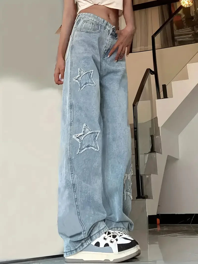 Baggy Jeans Damen | Hohe Taille, Weite Beine, Sternenmuster | Trendy 3