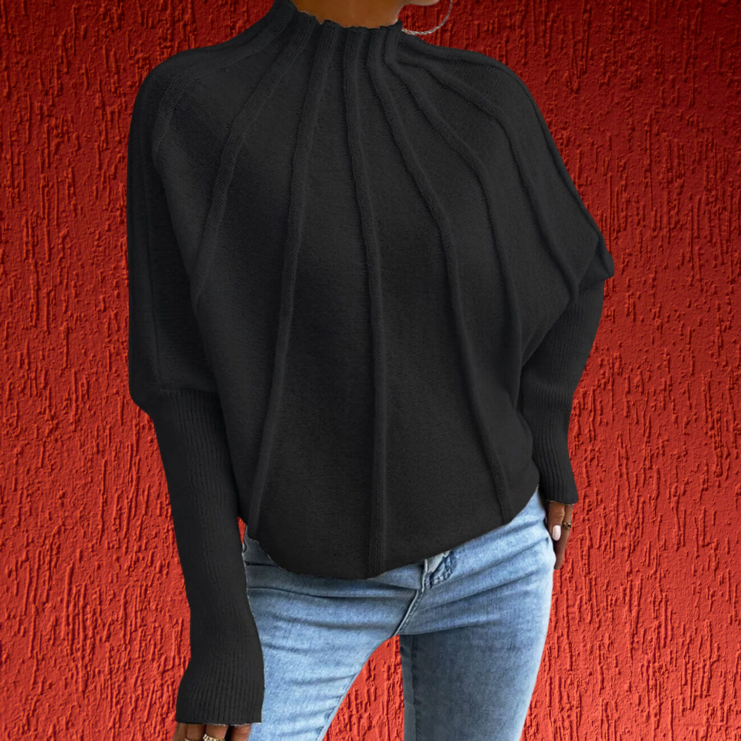 Baumwollpullover mit weitem Schnitt und modischen Dolmanärmeln | Schwarz