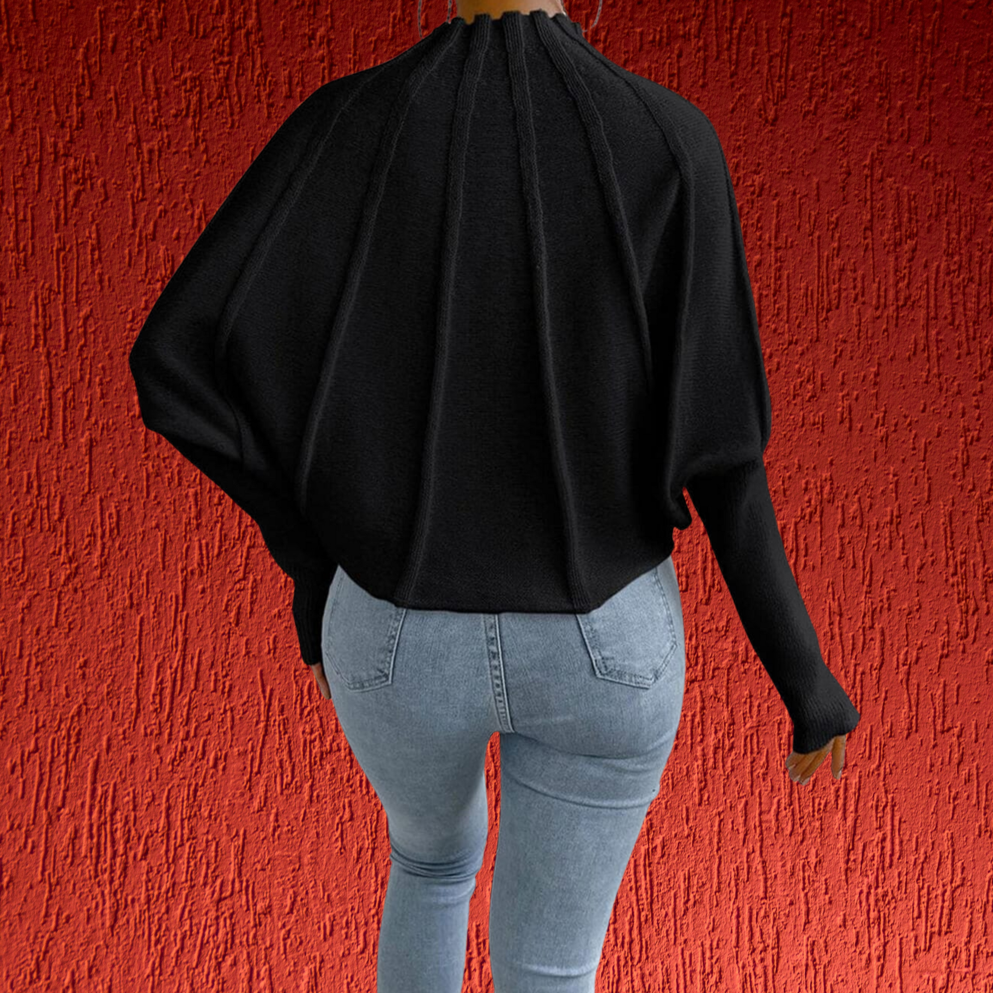 Baumwollpullover mit weitem Schnitt und modischen Dolmanärmeln | Schwarz 2