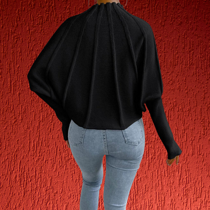 Baumwollpullover mit weitem Schnitt und modischen Dolmanärmeln | Schwarz 2