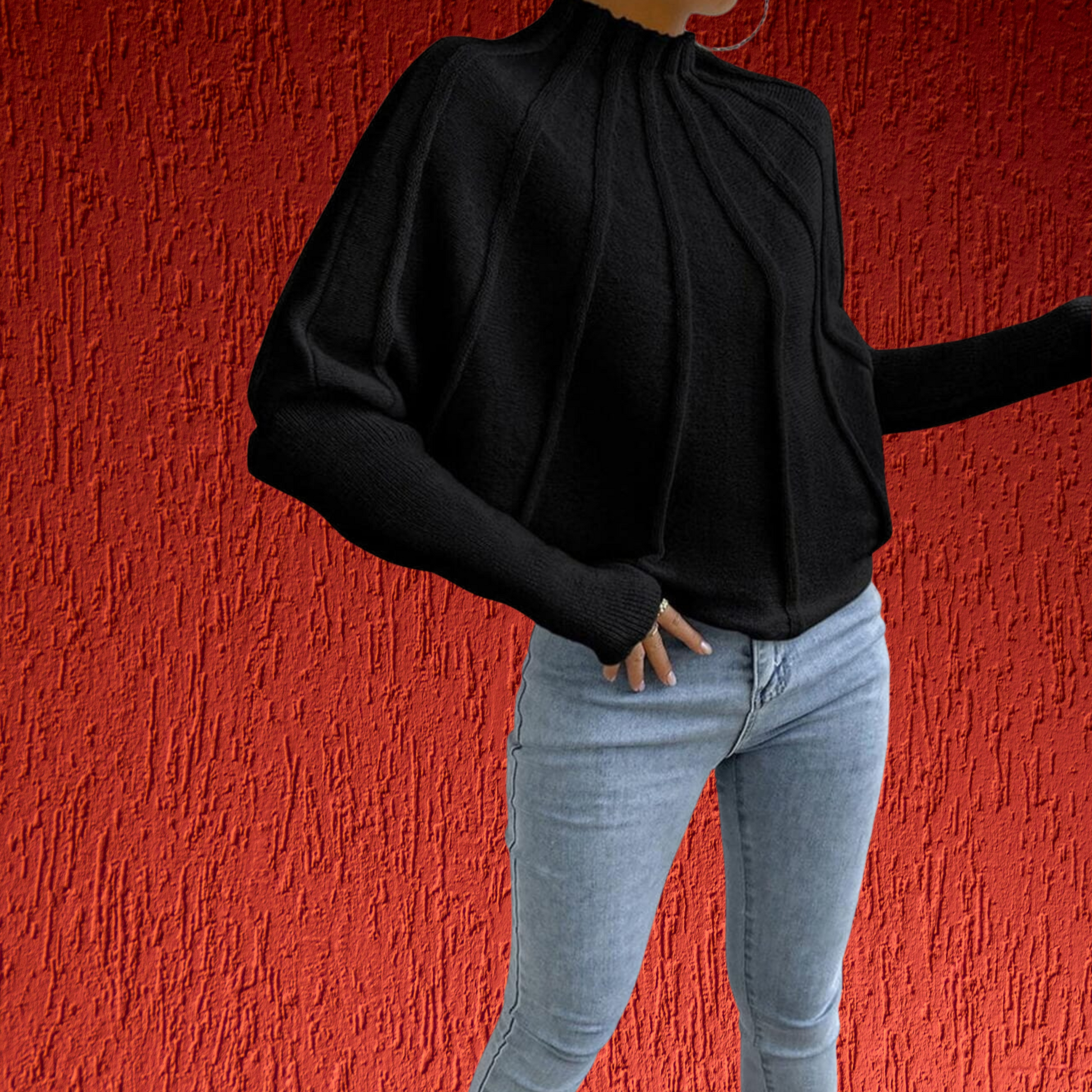 Baumwollpullover mit weitem Schnitt und modischen Dolmanärmeln | Schwarz 3