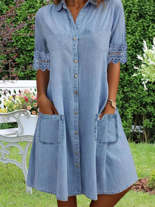 Birgitte | Elegantes Festkleid Damen mit Spitzenkragen, lockerer Passform und praktischen Taschen | Blau
