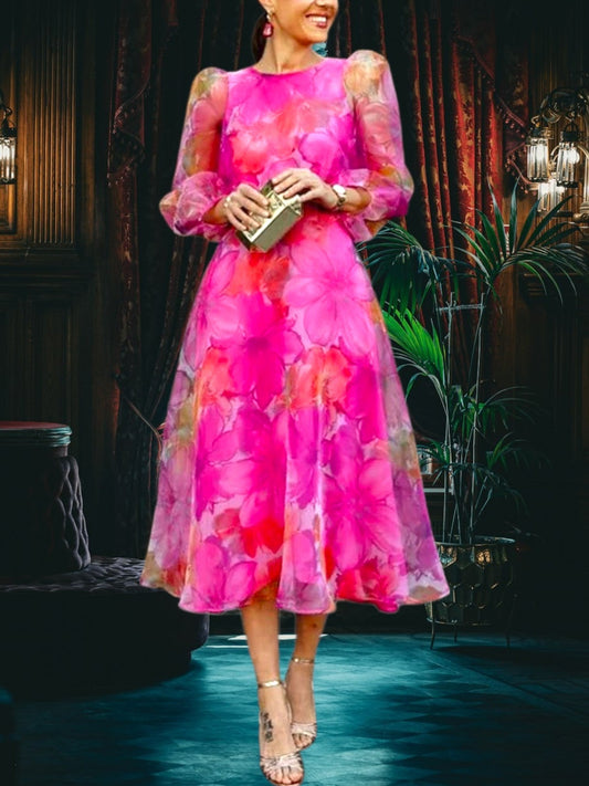 Blumendruck Krawatten-Dye-Chiffon-Sommerkleid mit Puff-Schultern und langen Ärmeln